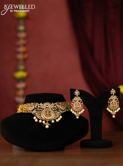 Antique choker lakshmi design with kemp and white stones and pearl hanging