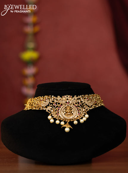 Antique choker lakshmi design with kemp and white stones and pearl hanging