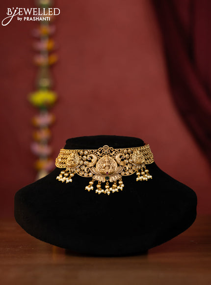 Antique choker lakshmi design with kemp and green stones and pearl hanging