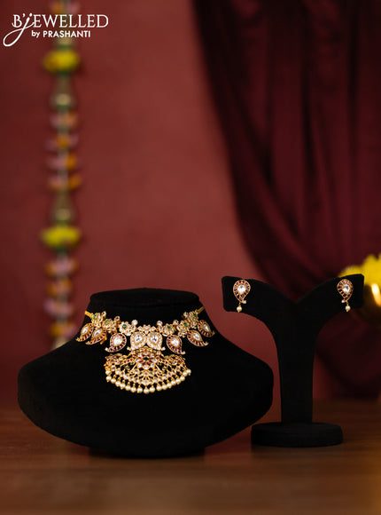 Antique choker maanga design with kemp and white stones and parl hanging