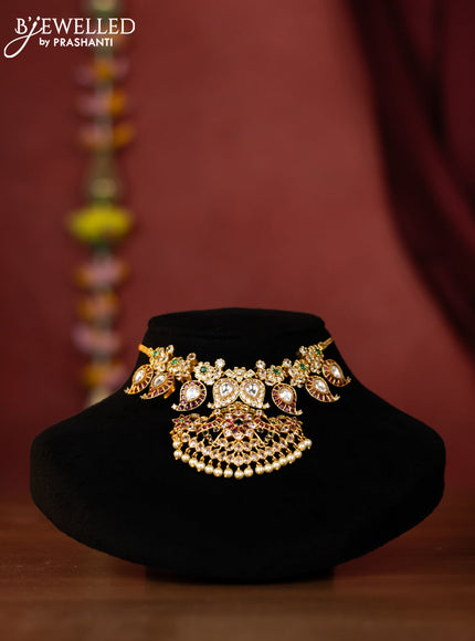 Antique choker maanga design with kemp and white stones and parl hanging