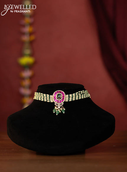 Beaded choker with oval jadau pendant