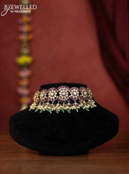 Antique choker floral design in victorian finish and green beads hanging