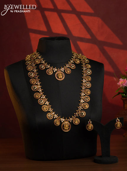 Antique bottumala combo set with lakshmi and peacock deisgn in kemp and white stone