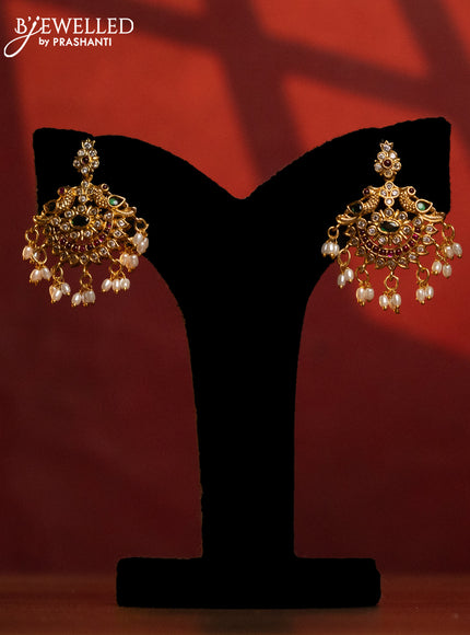 Antique guttapusalu combo set with double peacock design with kemp and white stones and rice pearl hanging