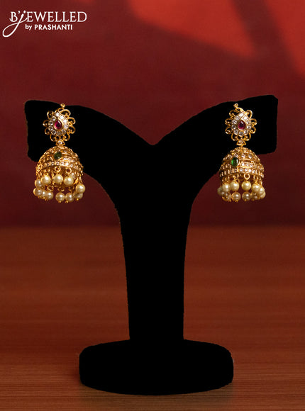 Antique combo set in maanga desogn with white and kemp stones and golden ball hanging