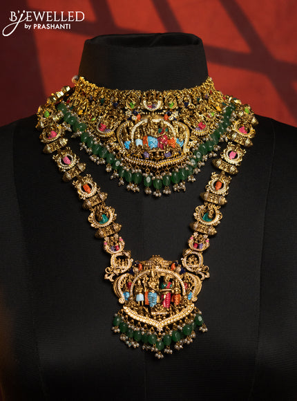 Antique combo set srinivasa kalyanam design with enamale paint & cz stones and green beads hangings