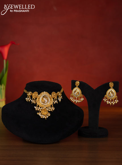 Antique choker peacock design with ruby & cz stones and pearl & golden beads hangings