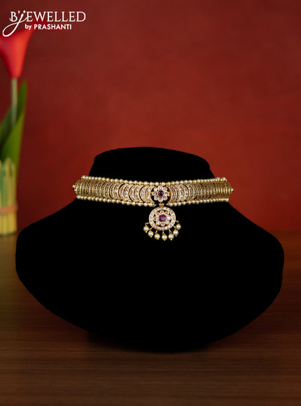 Antique choker chandbali design with ruby & cz stones and pearl hangings