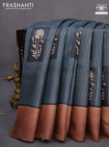 Pure tussar silk saree elephant grey and brown with allover stripes pattern & butta prints and printed border