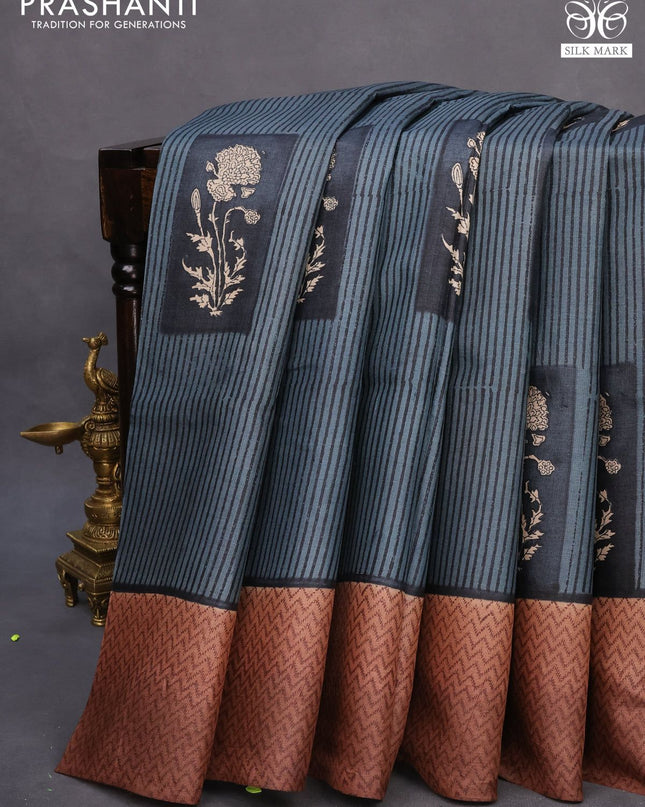 Pure tussar silk saree elephant grey and brown with allover stripes pattern & butta prints and printed border