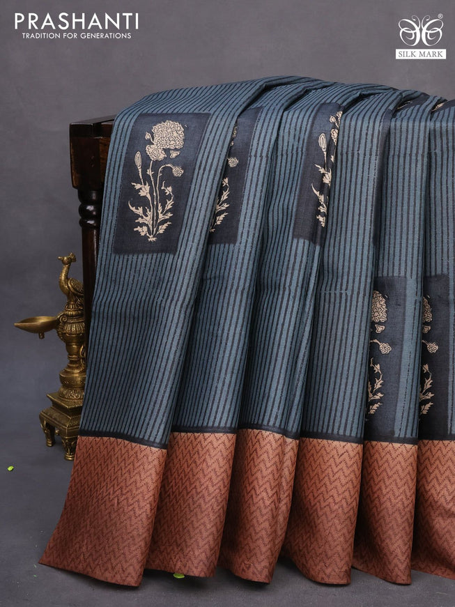Pure tussar silk saree elephant grey and brown with allover stripes pattern & butta prints and printed border