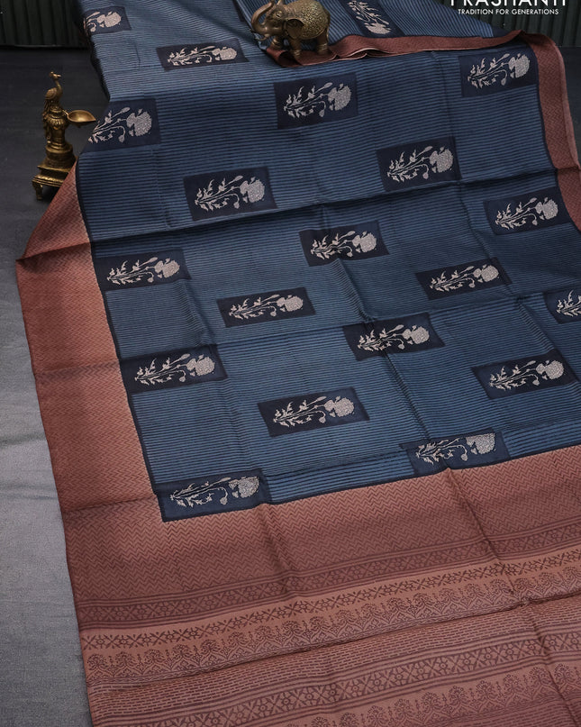 Pure tussar silk saree elephant grey and brown with allover stripes pattern & butta prints and printed border