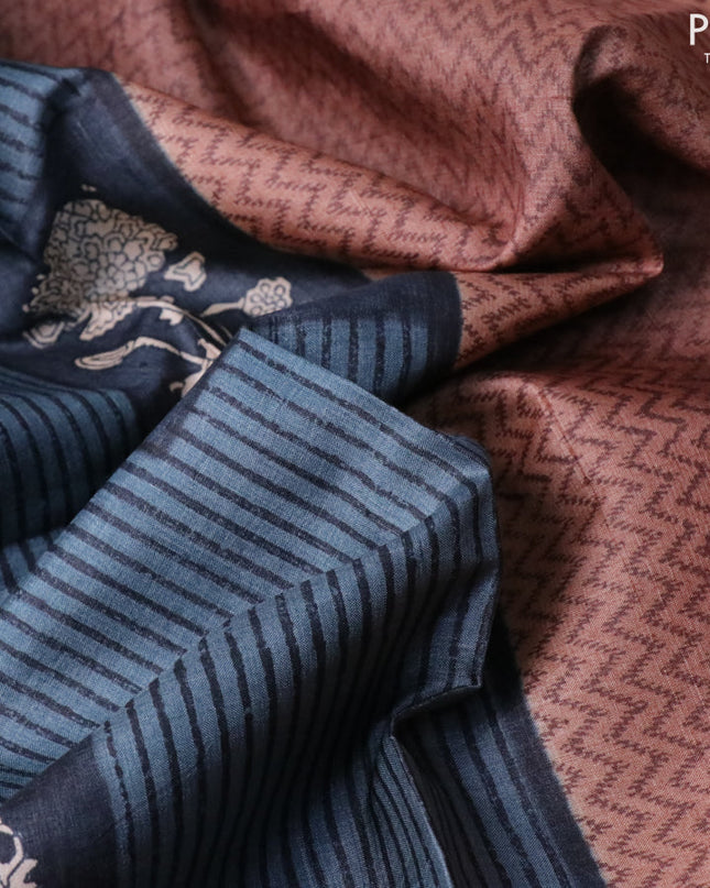 Pure tussar silk saree elephant grey and brown with allover stripes pattern & butta prints and printed border