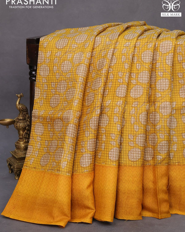 Pure tussar silk saree yellow and mustard yellow with allover floral prints and printed border