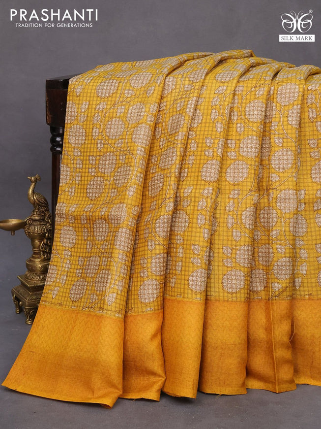 Pure tussar silk saree yellow and mustard yellow with allover floral prints and printed border