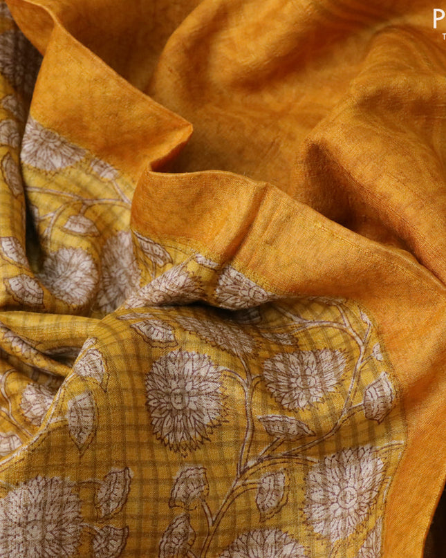 Pure tussar silk saree yellow and mustard yellow with allover floral prints and printed border