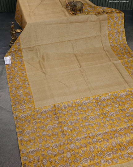 Pure tussar silk saree beige and yellow with allover zari checked pattern and kalamkari printed border