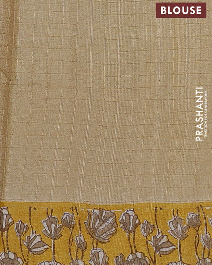 Pure tussar silk saree beige and yellow with allover zari checked pattern and kalamkari printed border
