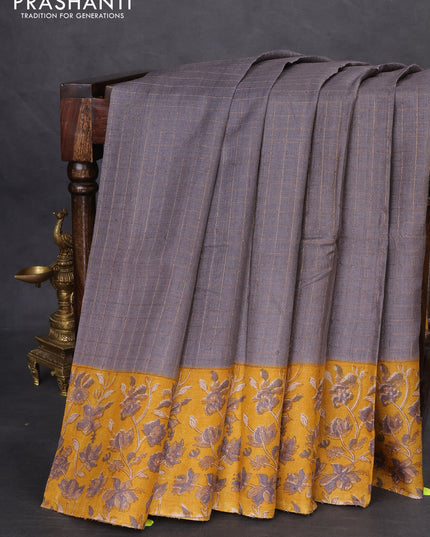 Pure tussar silk saree grey and mustard yellow with allover zari checked pattern and kalamkari printed border