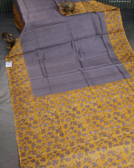 Pure tussar silk saree grey and mustard yellow with allover zari checked pattern and kalamkari printed border