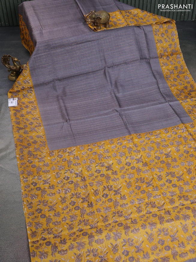 Pure tussar silk saree grey and mustard yellow with allover zari checked pattern and kalamkari printed border