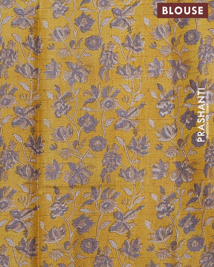 Pure tussar silk saree grey and mustard yellow with allover zari checked pattern and kalamkari printed border