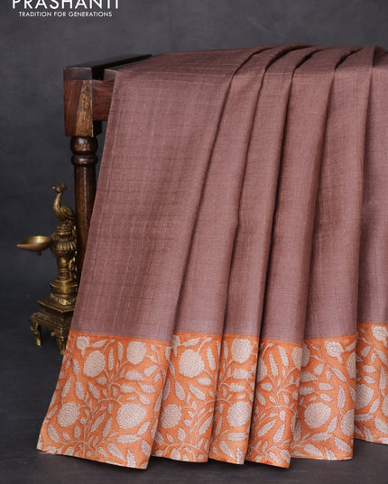 Pure tussar silk saree pastel brown and orange with allover zari checked pattern and kalamkari printed border
