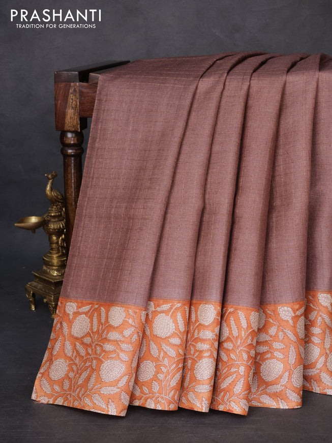 Pure tussar silk saree pastel brown and orange with allover zari checked pattern and kalamkari printed border