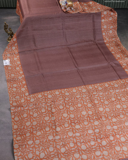 Pure tussar silk saree pastel brown and orange with allover zari checked pattern and kalamkari printed border