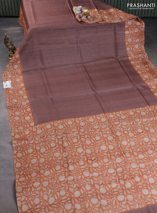 Pure tussar silk saree pastel brown and orange with allover zari checked pattern and kalamkari printed border