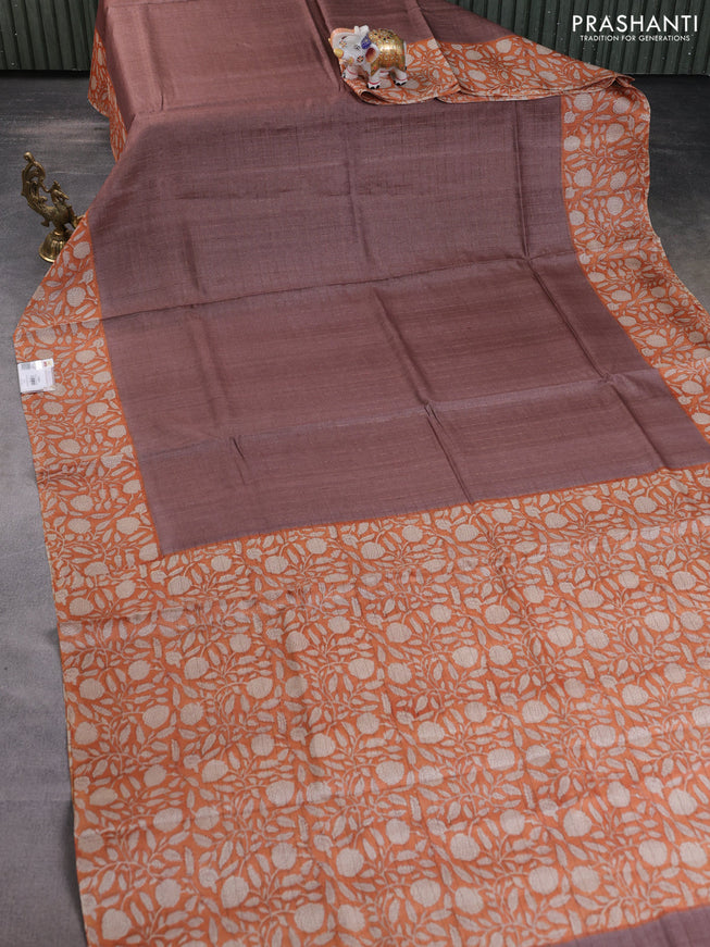 Pure tussar silk saree pastel brown and orange with allover zari checked pattern and kalamkari printed border