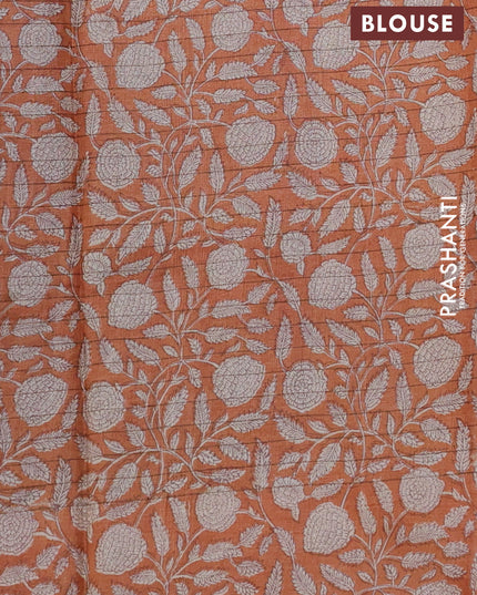 Pure tussar silk saree pastel brown and orange with allover zari checked pattern and kalamkari printed border