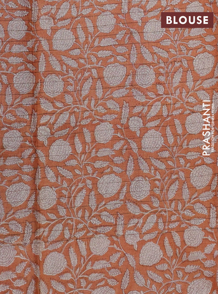 Pure tussar silk saree pastel brown and orange with allover zari checked pattern and kalamkari printed border