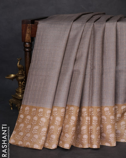 Pure tussar silk saree grey and sandal with allover zari checked pattern and floral printed border