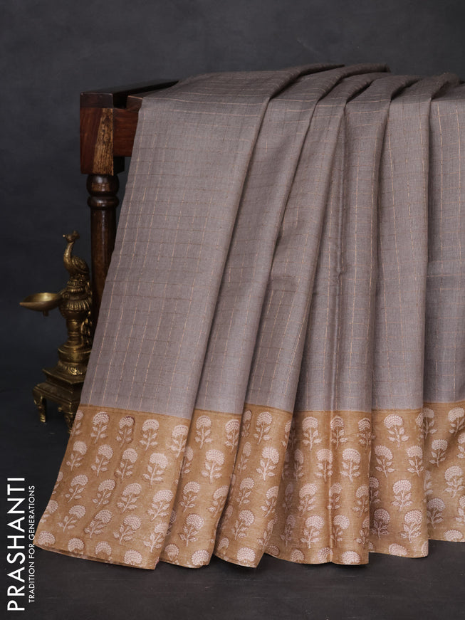 Pure tussar silk saree grey and sandal with allover zari checked pattern and floral printed border