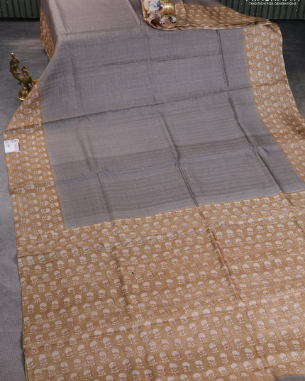 Pure tussar silk saree grey and sandal with allover zari checked pattern and floral printed border