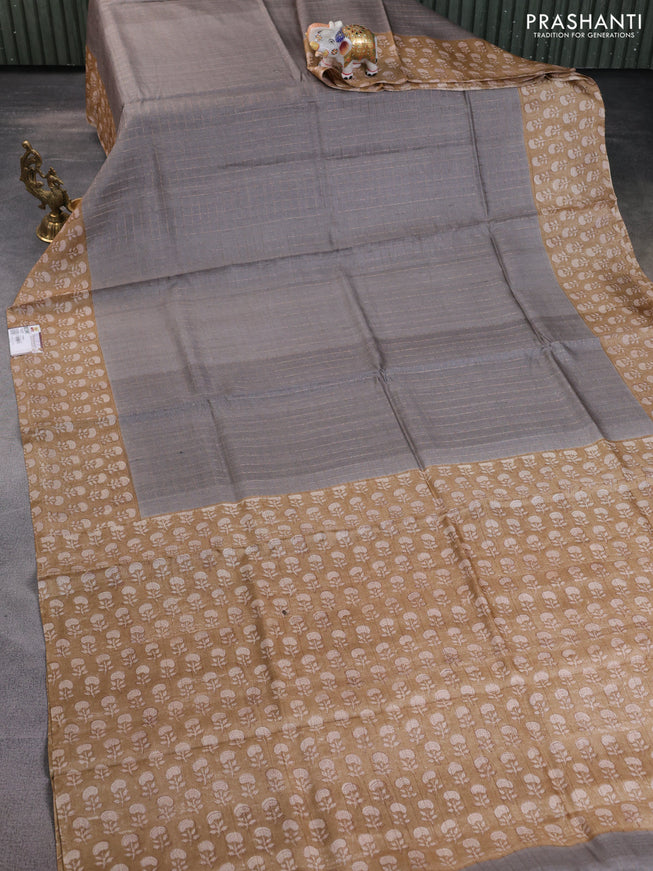 Pure tussar silk saree grey and sandal with allover zari checked pattern and floral printed border
