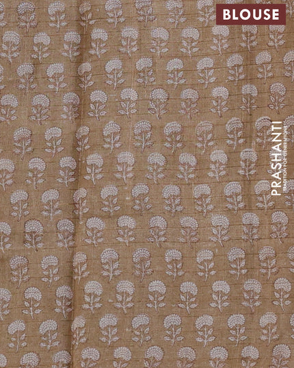 Pure tussar silk saree grey and sandal with allover zari checked pattern and floral printed border