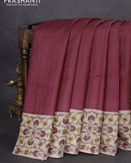 Pure tussar silk saree maroon and beige with allover zari checked pattern and kalamkari printed border