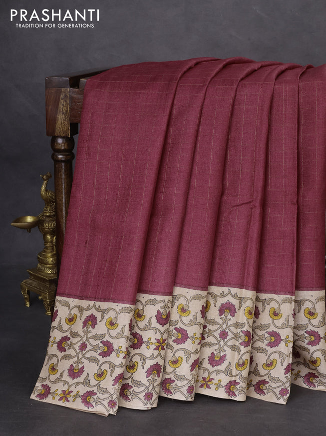 Pure tussar silk saree maroon and beige with allover zari checked pattern and kalamkari printed border