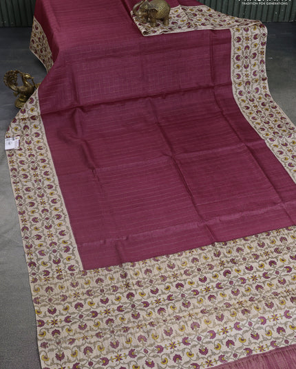 Pure tussar silk saree maroon and beige with allover zari checked pattern and kalamkari printed border