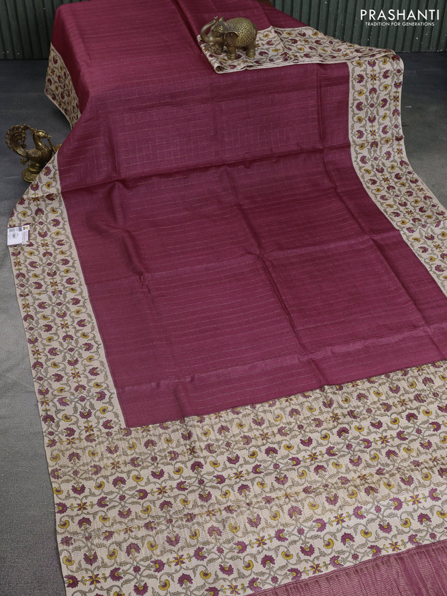Pure tussar silk saree maroon and beige with allover zari checked pattern and kalamkari printed border