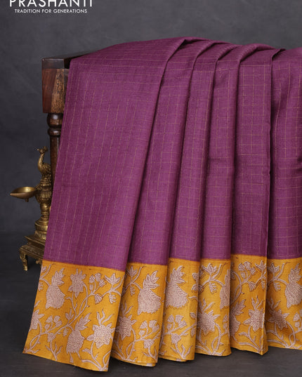 Pure tussar silk saree purple and yellow with allover zari checked pattern and kalamkari printed border