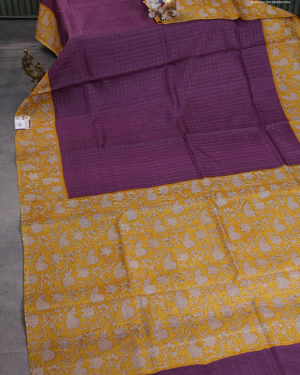 Pure tussar silk saree purple and yellow with allover zari checked pattern and kalamkari printed border