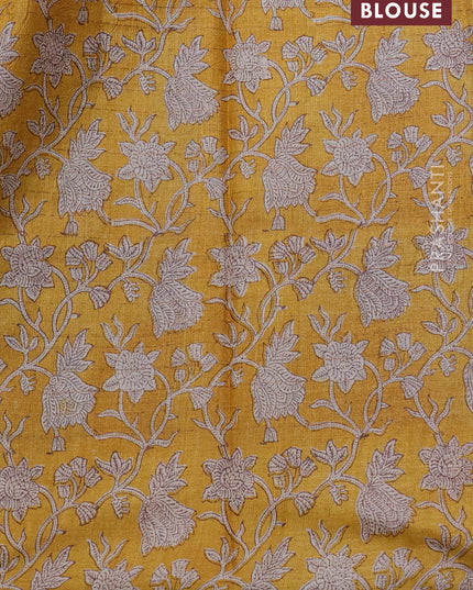 Pure tussar silk saree purple and yellow with allover zari checked pattern and kalamkari printed border