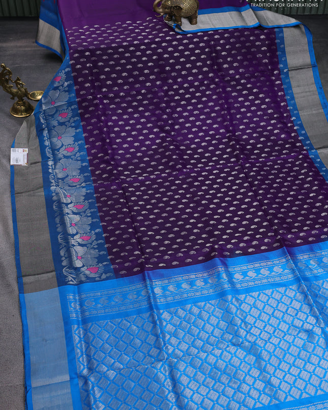Pure uppada silk saree deep violet and cs blue with allover silver woven paisley buttas and long floral design silver zari woven border