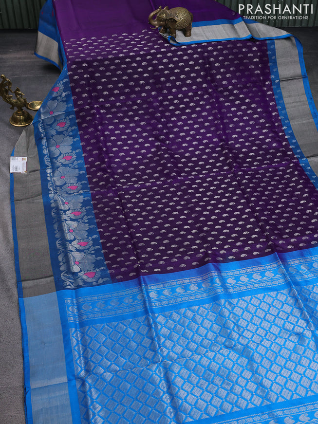 Pure uppada silk saree deep violet and cs blue with allover silver woven paisley buttas and long floral design silver zari woven border