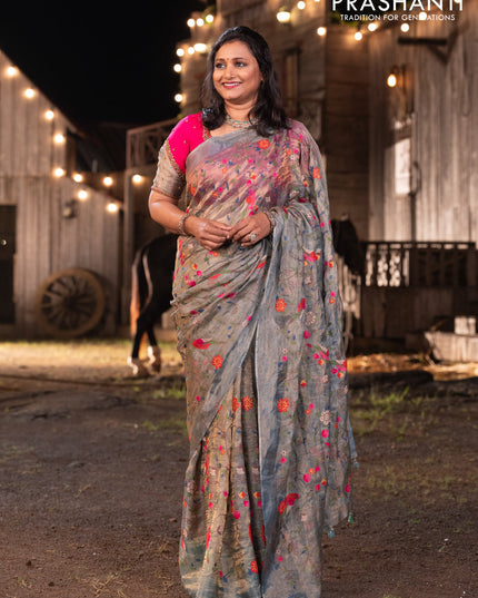Banarasi tissue silk saree greyish blue with allover embroidery