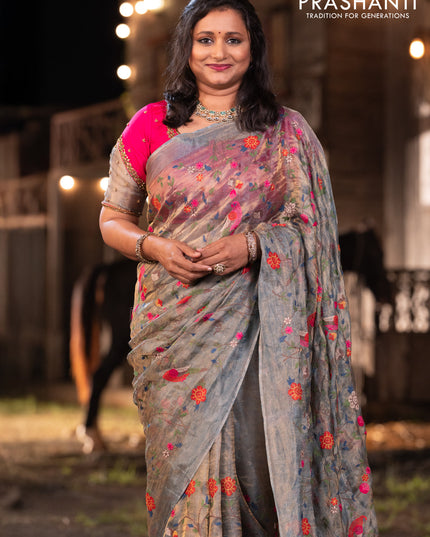 Banarasi tissue silk saree greyish blue with allover embroidery